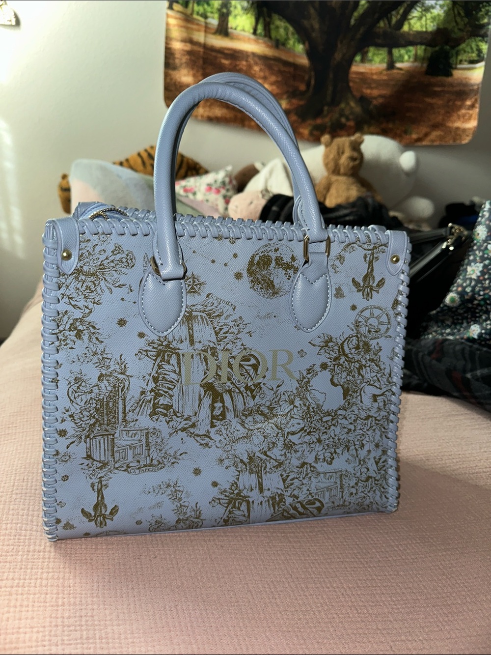 Inspired Light Blue Tote with Gold Toile Motif